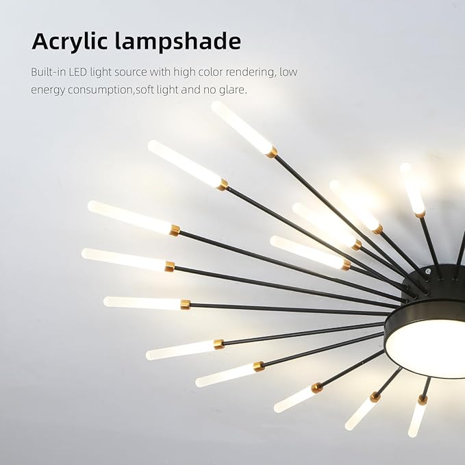 JAYMP 41.3" Ceiling Light Modern Flower Shape Ceiling Lamp for Living Room Dining Room Flush Mount Metal Acrylic Sputnik Firework Petal LED Lighting Fixture (Matte Black, 28+1 Lights)
