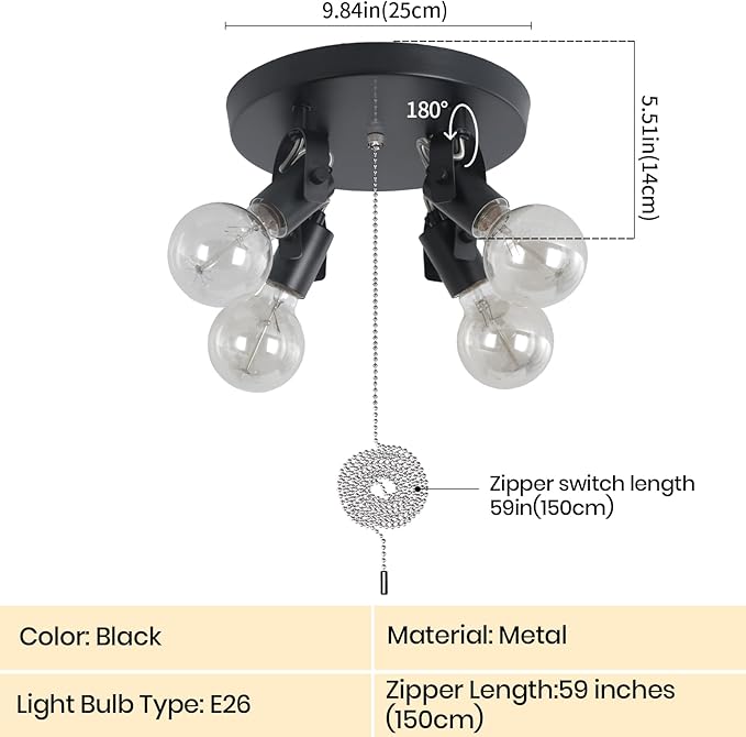 SEEBLEN 4 Light Flush Mount Ceiling Light with Pull Chain, Industrial Kitchen Ceiling Light with Rotatable Light Head,Black Pull Chain Ceiling Spotlight for Bedroom Hallway Kitchen Laundry