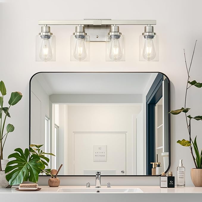 Bathroom Vanity Light, 4-Light Nickel Modern Matte Wall Sconce Lighting with Clear Glass Shade, Wall Lights,Bath Vintage Wall Mounted Lamps for Mirror Bedroom Living Room