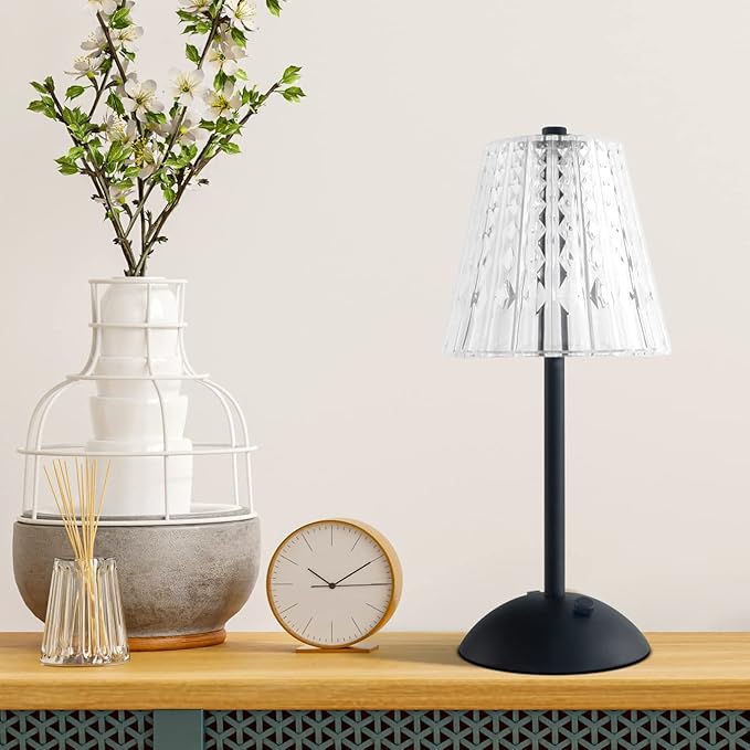 Cordless Table Lamp, 4000mAh Rechargeable Battery Operated Lamp, 3 Color Modes & Stepless Dimmable LED Touch Lamp, Portable Crystal Metal Beside Lamps for Bedroom Restaurant Outdoor(Black)