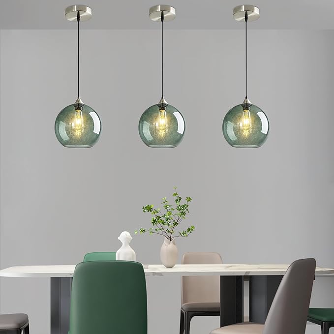 Modern 3-Pack Glass Globe Pendant Lights, Gray Green Modern Pendant Lighting for Kitchen Island, Glass Hanging Lamps for Dining Room Living Room Bedroom, Large 9.85 Inch Fixture (Bulbs Not Included)