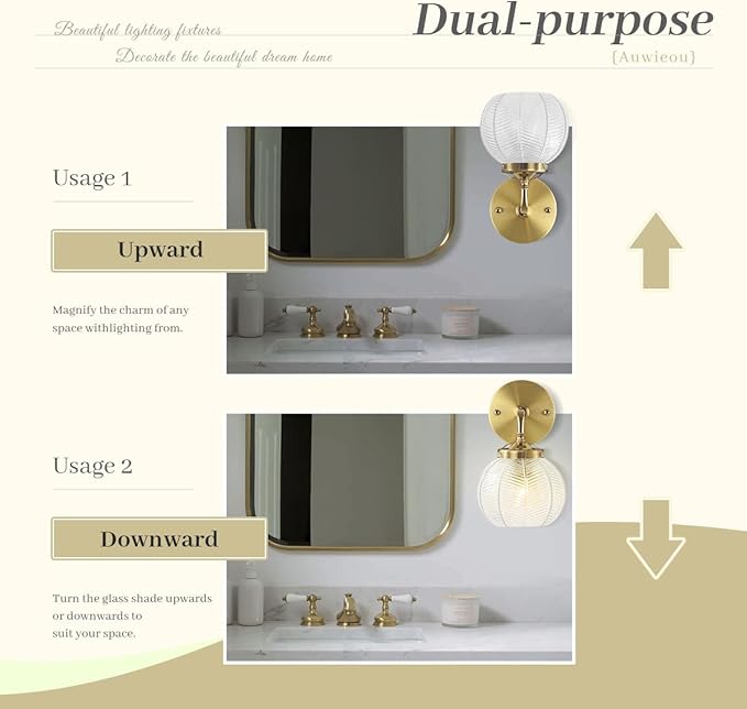 Vintage Wall sconces Glass Wall Sconces with Ribbed Clear Globe Glass Shade Gold Wall Sconce Modern Vanity Light Bathroom Wall sconces Over Mirro Wall lamp for Bedroom Hallway Living Room