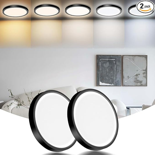 2 Pack LED Flush Mount Ceiling Light Fixture, 24W 12Inch 3000K, 3500K, 4500K, 5000K, 6500K 5 Color Temperatures Low Profile Ceiling Light for Bedroom, Living Room, Dining Room, Black