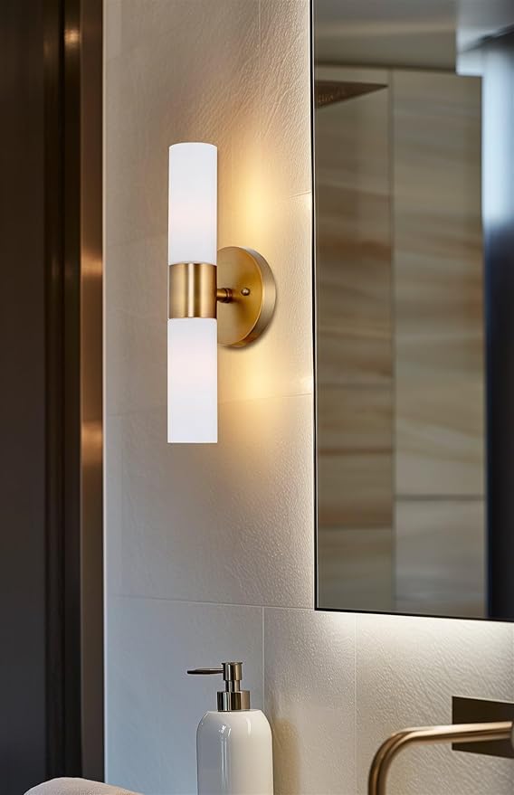 Kira Home Duo 14" Modern Wall Sconce with Frosted Glass Cylinder Shades, Linear 2-Light Wall Light, Warm Brass Finish