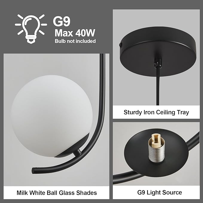Modern Pendant Light Fixture Black Globe Pendant Lights Kitchen Island White Frosted Milk Glass Sputnik Chandelier Vintage for Kitchen, Office, Entryway (2-Light)