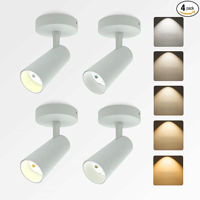 LED Ceiling Spotlight 5CCT 2700K/3000K/3500K/4000K/6000K Selectable Dimmable,Spot Light Indoor Adjustable Flush Mount Lights Fixture 12W CRI 90+, White, 4 Pack Tilt Angle Accent Lighting