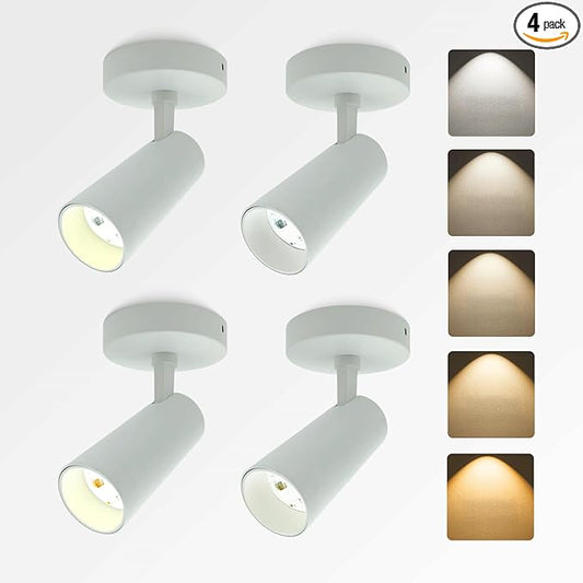 LED Ceiling Spotlight 5CCT 2700K/3000K/3500K/4000K/6000K Selectable Dimmable,Spot Light Indoor Adjustable Flush Mount Lights Fixture 12W CRI 90+, White, 4 Pack Tilt Angle Accent Lighting