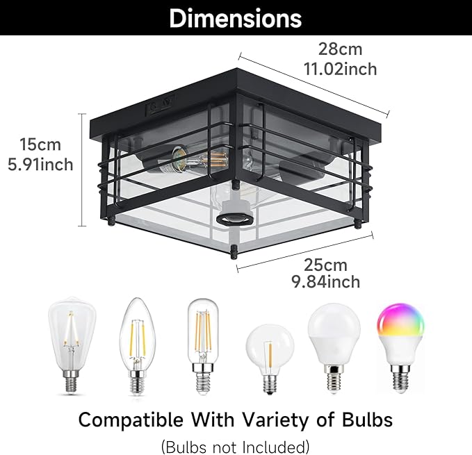 Yisuro Outdoor Ceiling Light with Motion Sensor Flush Mount Farm House Porch Light Ceiling Mount Adjustable 3 Modes Squares for Patio,Porch,Garage (Black-Square)