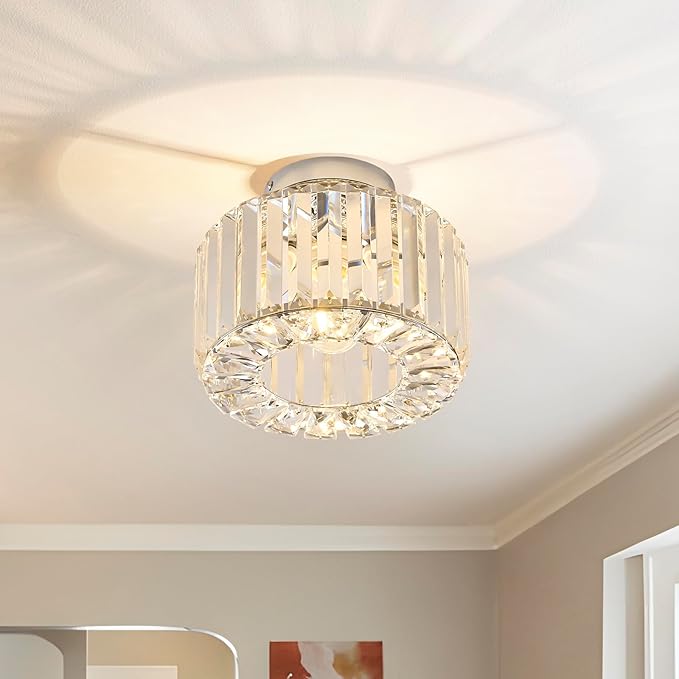 BUXVRCS Silver Crystal Chandelier - Modern Semi Flush Mount Ceiling Light Fixture for Kitchen, Bedroom, Living Room & More (Silver)