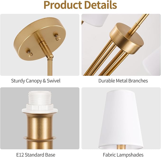 35.4in Gold Chandelier with Linen Fabric Shade 6-Light Modern Farmhouse Chandeliers for Dining Room Classic Island Lighting Adjustable Height Pendant Light for Dining Table Bedroom, E12