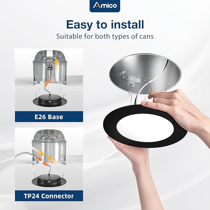 Amico Recessed Lighting 5/6 Inch, 12 Pack 5CCT Flat LED Can Lights, 2700K/3000K/4000K/5000K/6000K Selectable,12W Eqv 110W, 1050LM Brightness, Retrofit Installation - ETL & FCC, Black