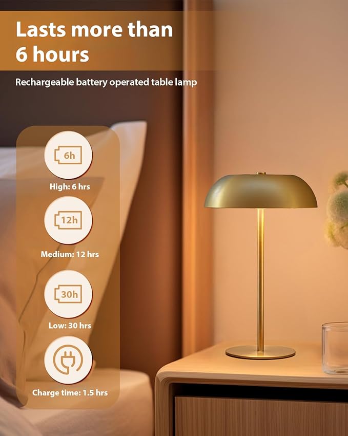 Portable LED Mushroom Table Lamp, Cordless Gold Table Lamp with 3 Color Stepless Dimming, Touch Control, Adjustable Height, Touch Lamp for Nightstand, Bedroom, Coffee Table, Bar, Restaurant, Wedding