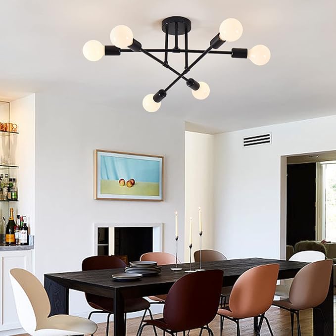 Semi Flush Mount Ceiling Light Fixture, 6 Lights Modern Sputnik Chandelier Ceiling Lamp with E26 Bulb Base, Light Fixtures Ceiling Mount for Bedroom Kitchen Living Room Hallway (Black)