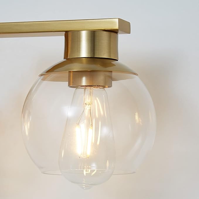 PAZALA Brushed Brass Bathroom Light Fixtures Over Mirror 4-Lights Vanity Light Wall Sconce with Globe Glass Shade, E26 Base, Perfect for Hallway Picture Wall Lighting Bathroom Bedroom Living Room