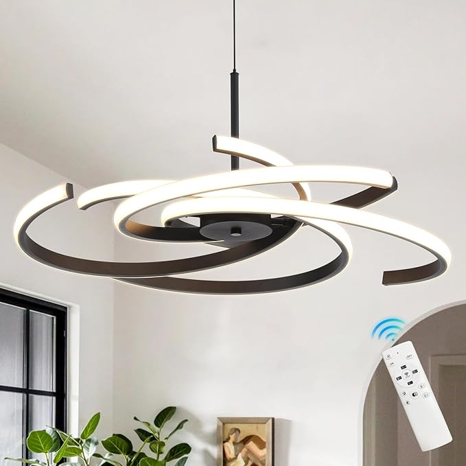 Black Modern Sputnik Chandelier with Remote Control, 44W 3-Color Temperature Dimmable LED Chandelier for Dining Room, Hanging Adjustable Pendant Light for Living Room Kitchen Foyer Entryway