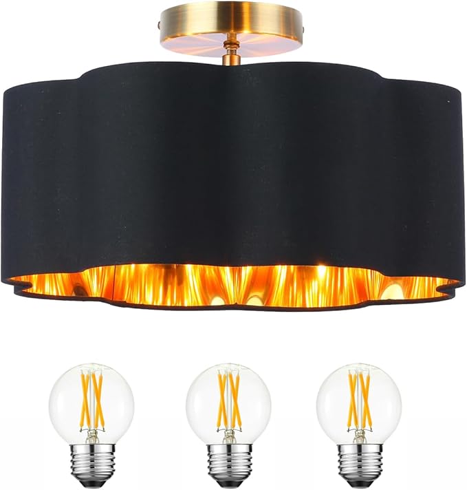 Newrays 3-Light Semi Flush Mount Ceiling Light Fixture, Fabric Shade Modern Close to Ceiling Lamp for Nursery Kids Room Bedroom Kitchen Hallway Entryway with 3PCS LED Bulbs (Black)