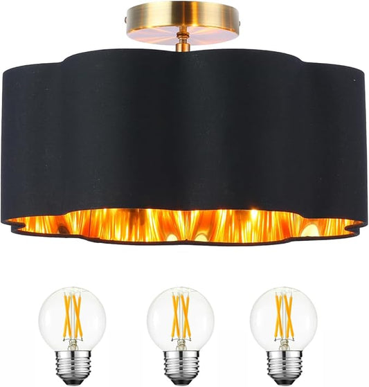 Newrays 3-Light Semi Flush Mount Ceiling Light Fixture, Fabric Shade Modern Close to Ceiling Lamp for Nursery Kids Room Bedroom Kitchen Hallway Entryway with 3PCS LED Bulbs (Black)