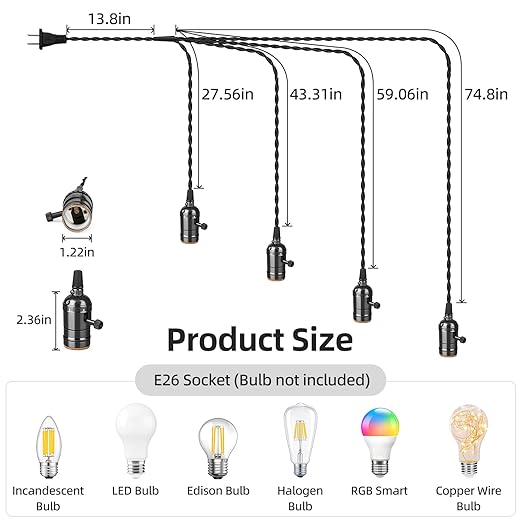Vintage Plug-in Pendant Light Kit with 1-to-4 Hanging E26/E27 Sockets, Industrial Hanging Light with Individual Rotary Switches, Easy DIY Lighting for Living Room, Patio and Plant Corners, Black