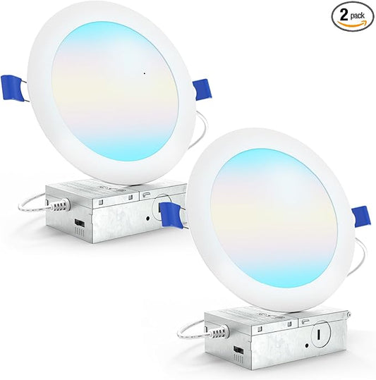 Sunco 6 Inch LED Recessed Light, Canless Ceiling Lights Slim with Junction Box, 1200 LM, 14W (100W Equivalent), Selectable CCT 2700K/3000K/4000K/5000K/6000K, Dimmable, Wafer Thin ETL 2 Pack