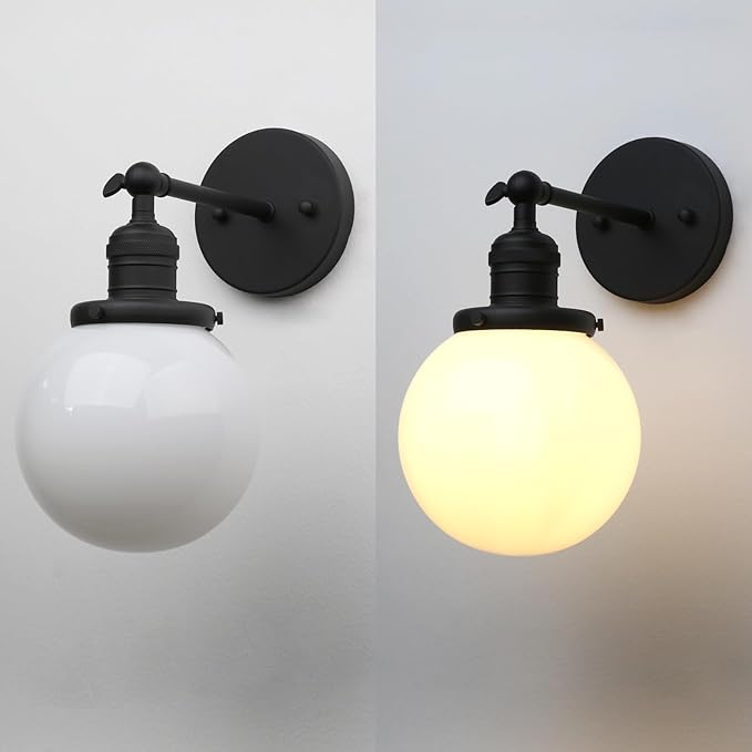 Phansthy 1-Light Wall Sconce, Brass Boho Bathroom Vanity Light, Modern Wall Light with Globe Glass Shade E26 Base, Adjustable Wall Lighting Fixtures for Bedroom, Living Room (Black, White Shade)