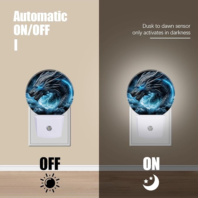 Round LED Night Lights Lamp with Dusk to Dawn Sensor, Fierce Dragon with Glowing Blue Eyes Night Light Plug Into Wall for Kids Room, Bedroom, Bathroom, Kitchen, Hallway