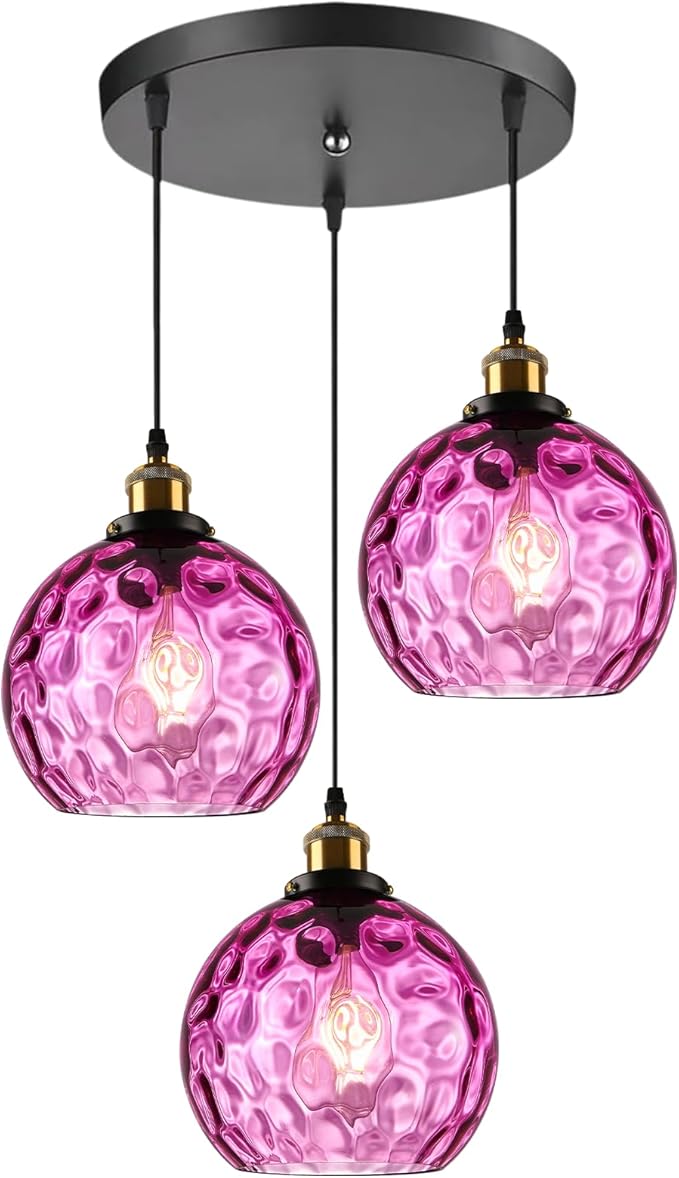 Mid Century Modern 3-Light Cluster Pendant, Hammered Purple Glass Globe Chandelier, Ceiling Hanging Light Fixture for Dining Room Table Kitchen Island Over Sink