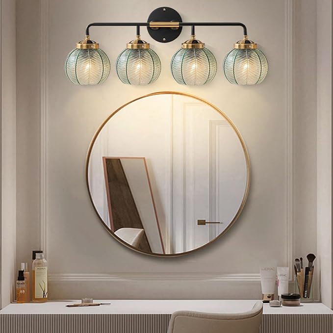 2-Pack Glass Wall 4-Lights Bathroom Vanity Light fixtures Green Glass Globe Shade Mid Century Modern Light Fixture Black Large Wall Sconce for Over Mirror Bath Living Room Cabinet