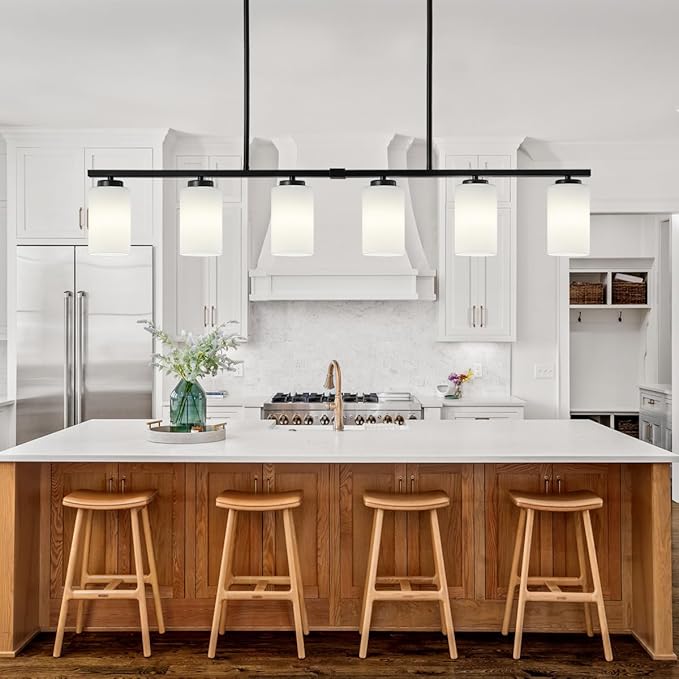 6-Light Modern Island Lights for Kitchen, Black Dining Room Light Fixtures Over Table, Pendant Lighting Over Island Kitchen Hanging Light Fixtures 45.27'' Large Chandeliers with Milky Glass Shades
