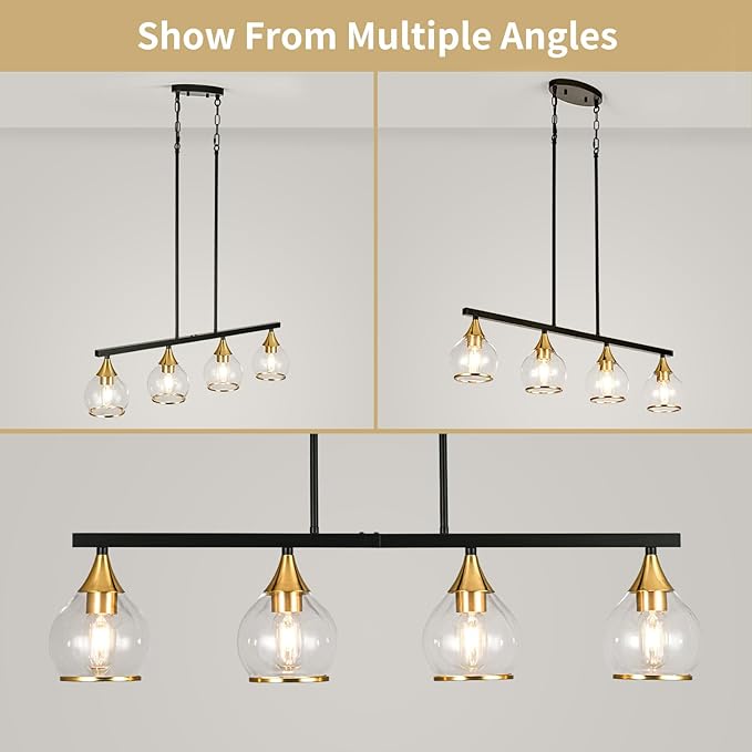 Island Light for Kitchen, 4-Light Kitchen Island Chandeliers Black and Gold Linear Hanging Pendant Light, Matte Black Farmhouse Dining Room Light Fixture Over Table with Clear Round Glass Shades