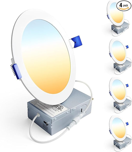 Ensenior 4 Pack 6 Inch LED Recessed Light, Dimmable, 2700K-6000K 6CCT, 1200LM High Brightness, 12W 120V, 3 Pin, ERL-12X-ETL, Damp Rated, Ultra-Thin Canless Wafer Ceiling Light - ETL & FCC & IC