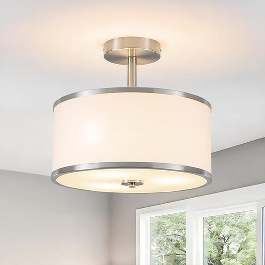 BUXVRCS Semi Flush Mount Ceiling Light Fixture, 3-Light Drum Lighting Fixtures, Hallway Light Fixture Ceiling Mount with Fabric Shade, Close to Ceiling Light for Bedroom Bathroom (Brushed Nickel)