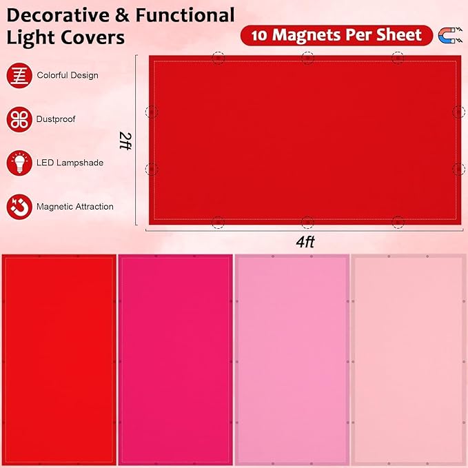 QOUBAI 4PCS Fluorescent Light Covers, 4x2 Feet Magnetic Light Cover Fluorescent Lights Shade Panel Positive Inspirational Ceiling Lights Filters for Office Classroom Home Drop Ceiling Red Pink