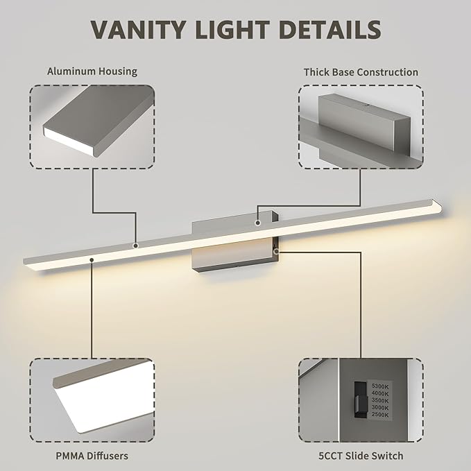JUSHENG Brushed Nickel Vanity Lights 5CCT Dimmable Vanity Light Bar LED Bathroom Light Fixtures 39.37'' Inch 36W