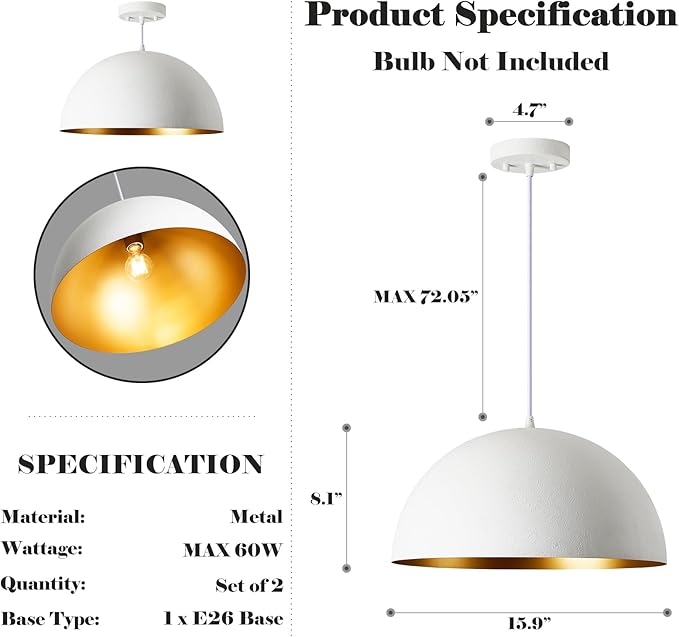 16” Large Dome Pendant Light Fixtures, White and Gold Hemispheric Pendant Lights Kitchen Island, Modern Adjustable Hanging Ceiling Light Chandelier for Kitchen Island Living Room Dining Room, 2 Pack