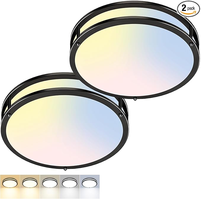 zemty 2Pack 10Inch Black LED Flush Mount Ceiling Lights, Dimmable 3000K-6500K Adjustable, 15W Damp-Rated Light Fixture for Hallway, Kitchen, Bathroom, Closet, Laundry