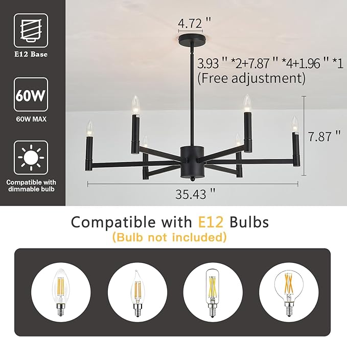 ASGYISA 6-Light Candle Chandeliers Modern Black Farmhouse Ceiling Light Fixture Industrial Pendant Lighting for Dining Room Living Room Bedroom Kitchen Island Foyer, 35inch, L-2201