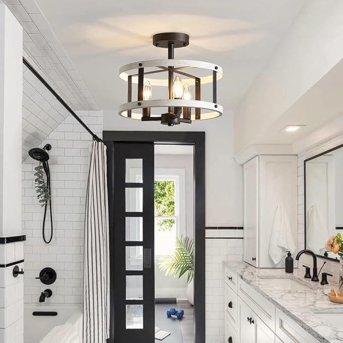AGV LIGHTING Farmhouse Semi Flush Mount Ceiling Light Fixture There-Light Close to Ceiling Light, White Ash Wood Texture with Black Bronze Finish