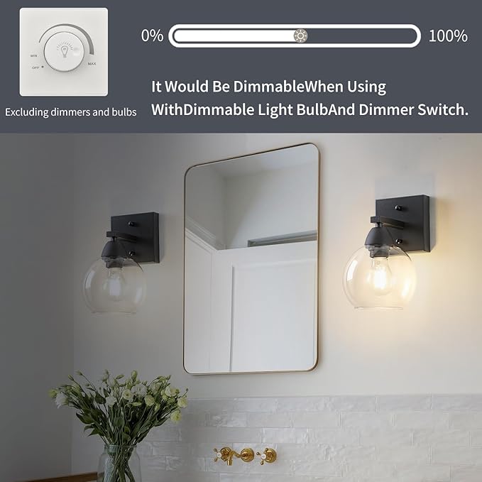Bathroom Light Fixtures, 1-Light Matte Black Vanity Light with Hand-Blown Globe Glass Shade, High Clarity & Durable, Wall Sconce for Mirror, Kitchen, Bedroom, Hallway-2P