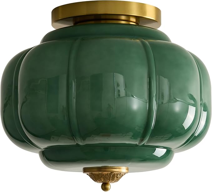 Vintage Ceiling Light Fixture 15 inch Semi Flush Mount Ceiling Light Antique Green Mid Century Milk Glass Ceiling Light for Kitchen Dining Room Hallway and Bedroom E26