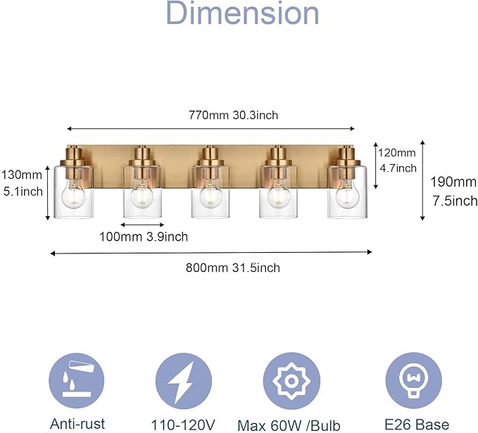 5 Light Bathroom Vanity Lights Brushed Brass Bathroom Lighting Fixtures Over Mirror with Clear Glass Shades, Modern Industrial Wall Sconces Vanity Lighting Fixture for Bedroom Living Room