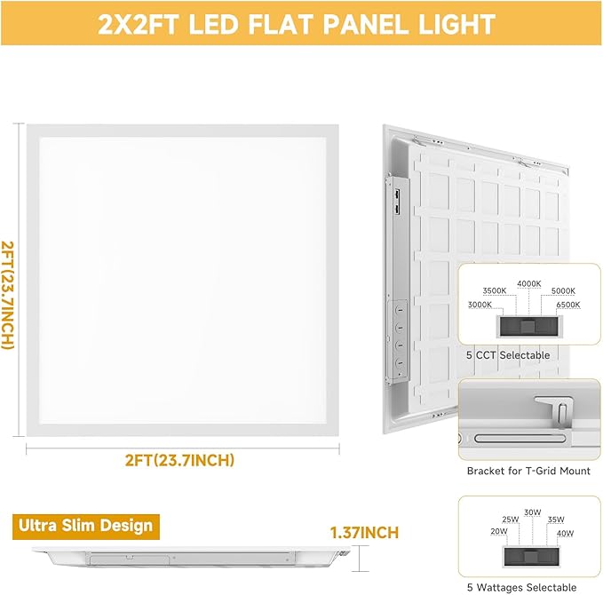 2 Pack 2x2 LED Flat Panel Light Drop Ceiling Office Fixture,Surface Mount Drop Ceiling Fixture,4800LM, 20W/25W/30W/35W/40W Selectable,3000K/3500K/4000K/5000K/6500K 5CCT,Dimmable (0-10V),ETL Listed