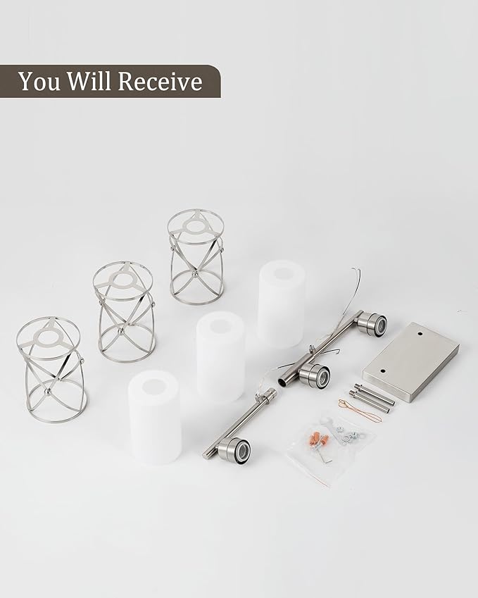3-Light Brushed Nickel Bathroom Light Fixtures with Milk Frosted Glass, 21" Modern Bathroom Vanity Lighting Fixtures Over Mirror with Metal Cage, Wall Sconce Lights for Bath, E26, CH9176BNW-3W
