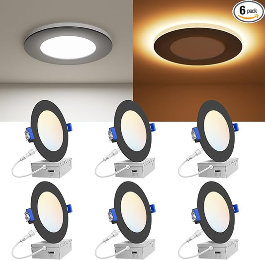 VOLISUN 6 Pack 4 Inch Black Recessed Light with Night Light, Canless LED Recessed Lighting 4 inch, 2700K-5000K Selectable, 9.5W=80W,810LM Soffit Lighting Outdoor Recessed Lights, ETL Certificated