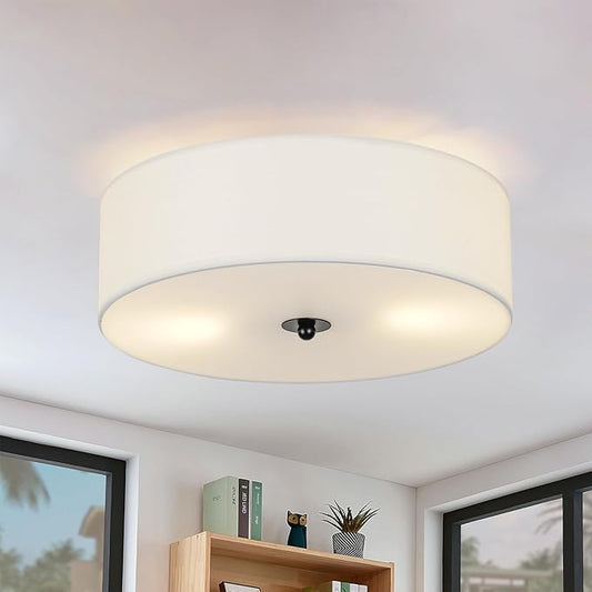 Flush Mount Ceiling Light Fixture, 13" Close to Ceiling Light with White Fabric Linen Drum Shade, 2-Light Modern Round Ceiling Light for Bedroom Hallway Dining Kitchen