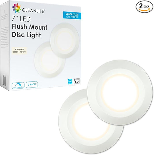 CLEANLIFE 7" LED Flush Mount Ceiling Light - Energy Efficient LED Puck Lights - Easy-Install Ceiling Lights for Hallways - Disc Light for Home, and Retail Spaces (2-Pack, Soft White)