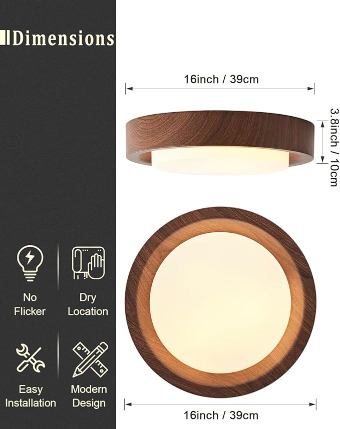 Walnut Wood Flush Mount Ceiling Light Fixture,16 Inch Ceiling Light with Frosted Glass Shade,High Deep Profile Round Ceiling Lights for Hallway Bedroom Closet Livingroom