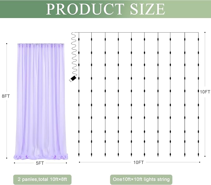 Tulle Backdrop Curtain with Lights String 10FT X 8FT Lavender Sheer Tulle Backdrop Curtains for Wedding Birthday Party Reception Photo Booth Background Decorations (2 Panels 5x8FT)
