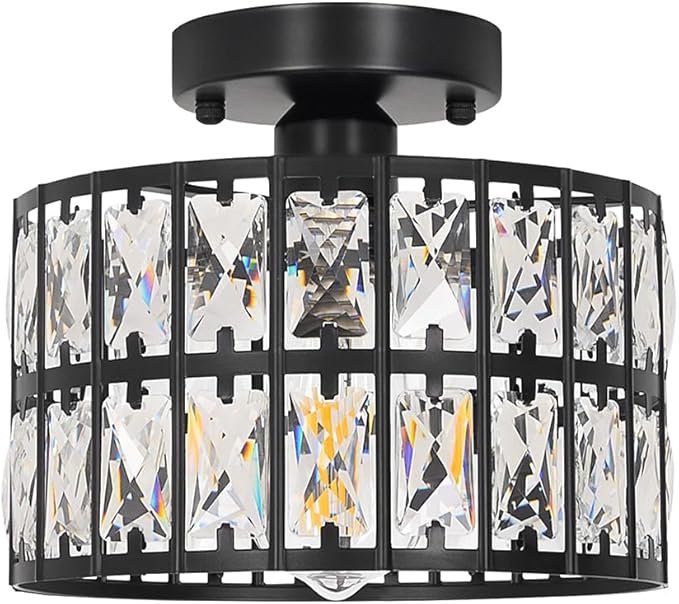 9 Inch Crystal Ceiling Light with Dimmable Options, Modern Flush Mount Chandelier for Low Ceiling, Crystal Light Fixture for Kitchen, Bedroom, Bathroom, Entryway, Hallway, Closet (Black)