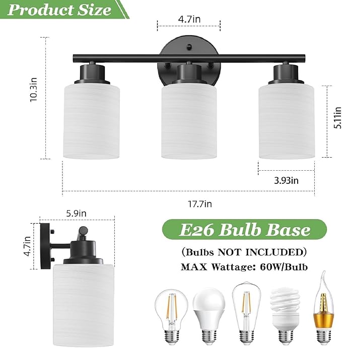 3-Light Bathroom Light Fixtures, Black Vanity Lights for Mirror with Textured Milky White Glass Shade, E26 Base Modern Kitchen Light Fixtures Wall Sconce Light