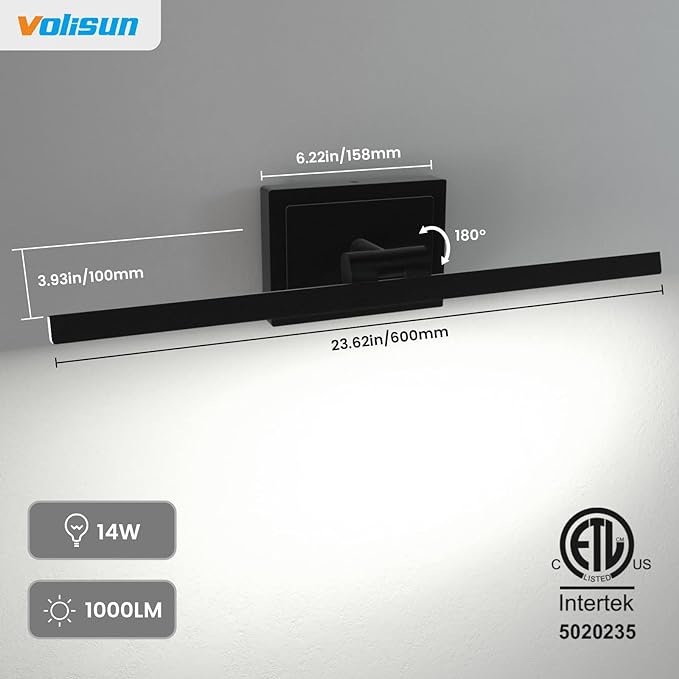 VOLISUN Modern Bathroom Vanity Light 24 inch, Rotatable, 14W Dimmable 5CCT Led Bathroom Light Fixture Over Mirror, Black Bar Vanity Light for Bathroom Mirror Restroom-ETL Certificated